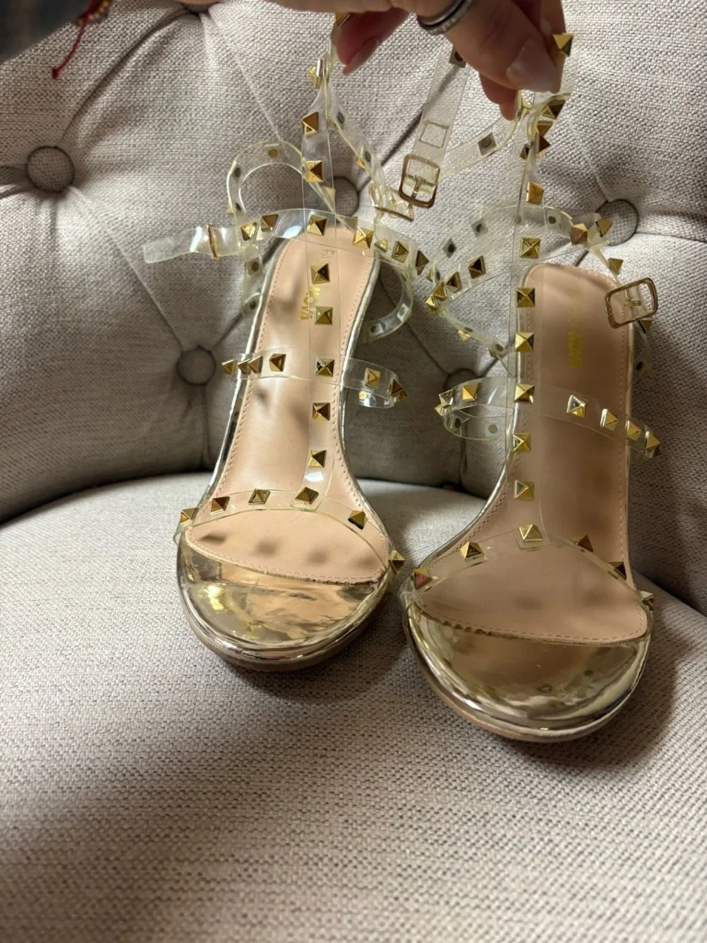 Fashion Nova clear/studded Women's Sandals in Nude/Gold